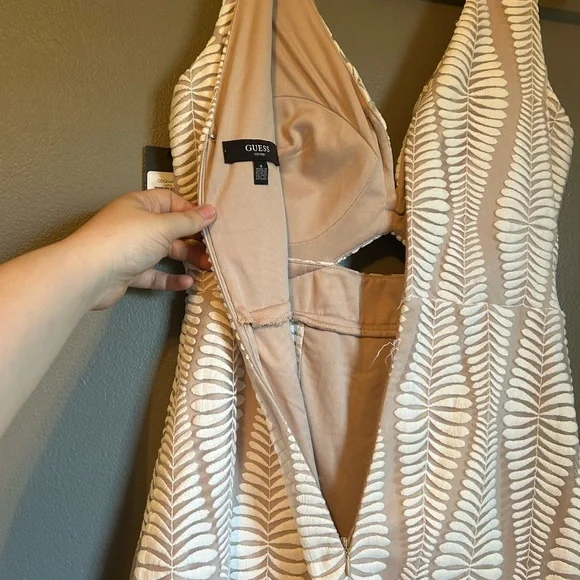 Guess Tan and White Ruffled Bodycon Midi Dress - Picture 14 of 14